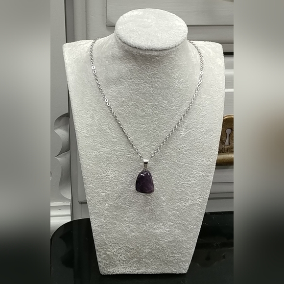 Amethyst Necklace Natural Gemstone Crystal Pendant Stainless-Steel Chain Purple - Picture 3 of 17